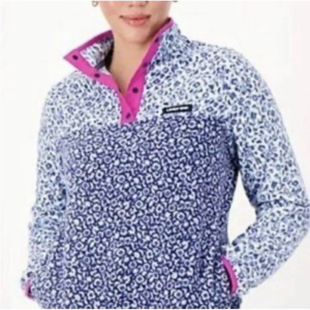 LANDS’ END ~ Blue Floral Color-Block Fleece with Cute Bright Pink Detail ~ Small - Picture 2 of 9